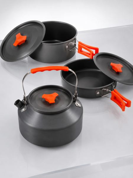 Kompakt Kamp Yemek Seti Alüminyum Tencere Tava Çaydanlık Taşıma Fileli Outdoor Set - Lisinya
