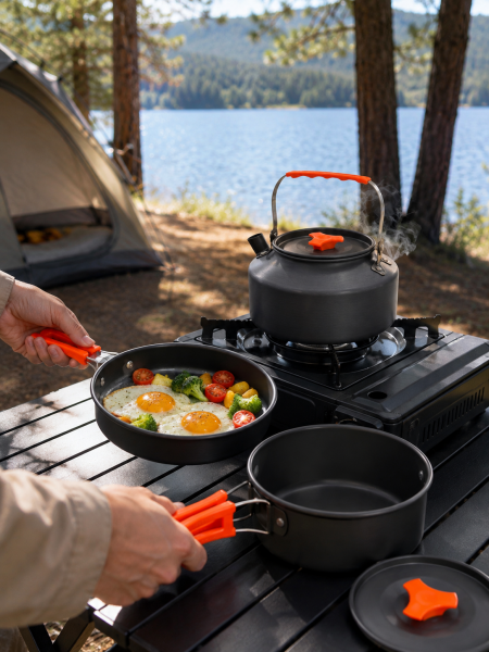 Kompakt Kamp Yemek Seti Alüminyum Tencere Tava Çaydanlık Taşıma Fileli Outdoor Set - Lisinya