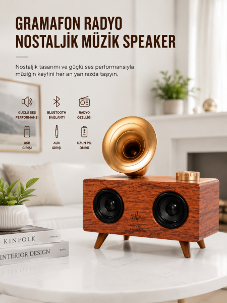 Bluetooth Nostalji Speaker Radyo Gramofon Ahşap Renk Vintage Yeni Nesil - Lisinya