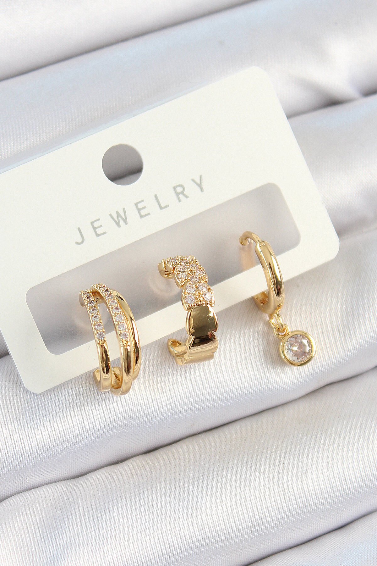 Pirinç Zirkon Taşlı Halka Model Gold Renk 3'lü Çift Kadın Küpe Set - Lisinya