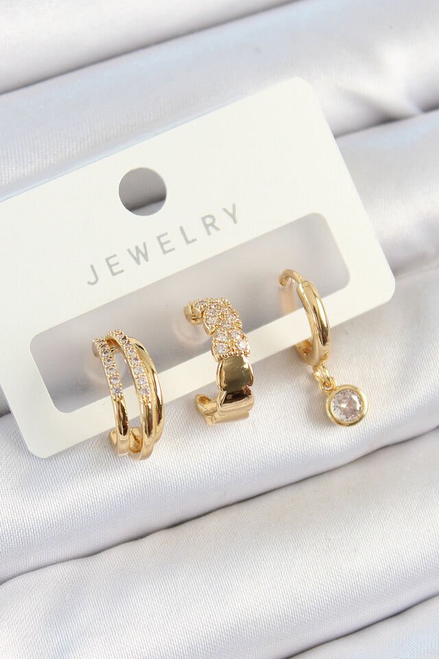 Pirinç Zirkon Taşlı Halka Model Gold Renk 3'lü Çift Kadın Küpe Set - Lisinya
