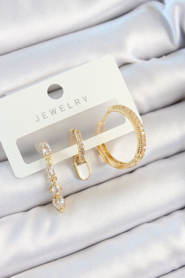 Pirinç Zirkon Taşlı Sallantılı Model Gold Renk 3'lü Çift Kadın Küpe Set - Lisinya