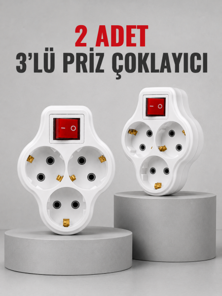 Direkt Duvar Prizine Takılan 3’lü Priz Adaptörü Anahtarlı Priz Çoklayıcı 2 Adet - Lisinya