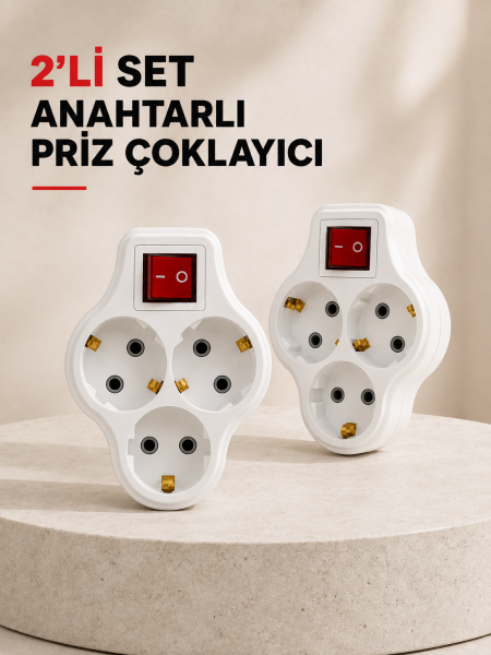 Anahtarlı 3 Çıkışlı Priz Çoğaltıcı Ev Ofis İçin Kablosuz 2’li Avantajlı Set - Lisinya