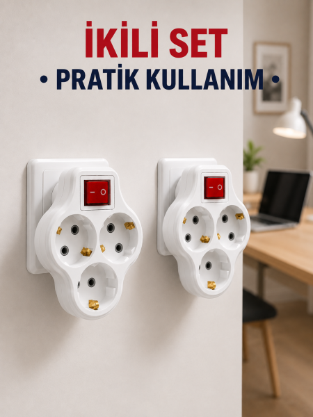 Kablosuz 3’lü Priz Çoklayıcı Açma Kapama Anahtarlı Duvar Tipi 2 Adet Set - Lisinya