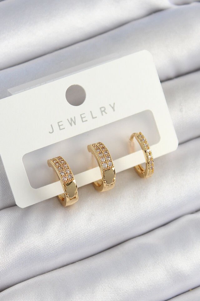 Pirinç Zirkon Taşlı Halka Model Gold Renk 3'lü Çift Kadın Küpe Set - Lisinya