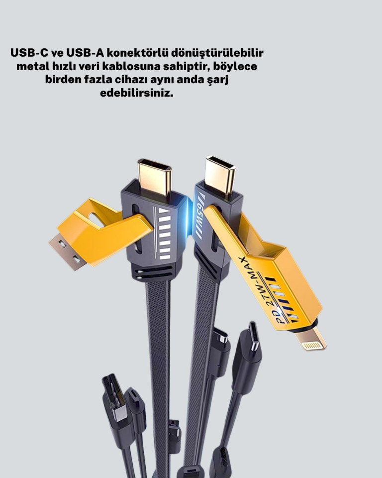 Hızlı Şarj Destekli 65W Örgülü USB-C ve USB-A Çoklu Şarj Kablosu - Lisinya