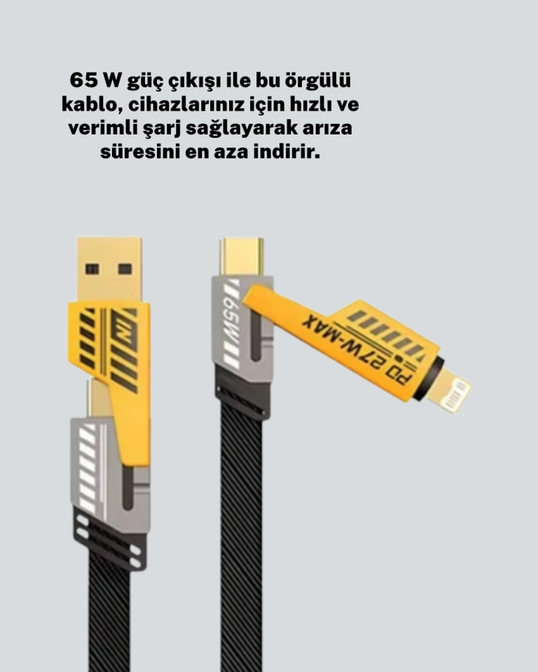 Hızlı Şarj Destekli 65W Örgülü USB-C ve USB-A Çoklu Şarj Kablosu - Lisinya