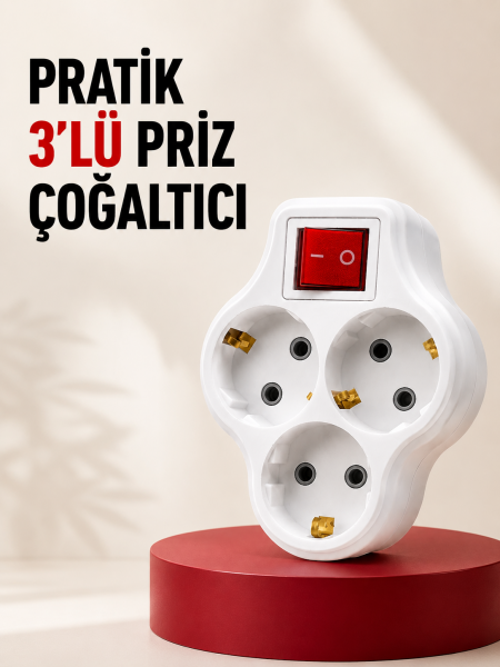 3’lü Topraklı Priz Çoklayıcı Açma Kapama Anahtarlı Direkt Prize Takılan Adaptör - Lisinya