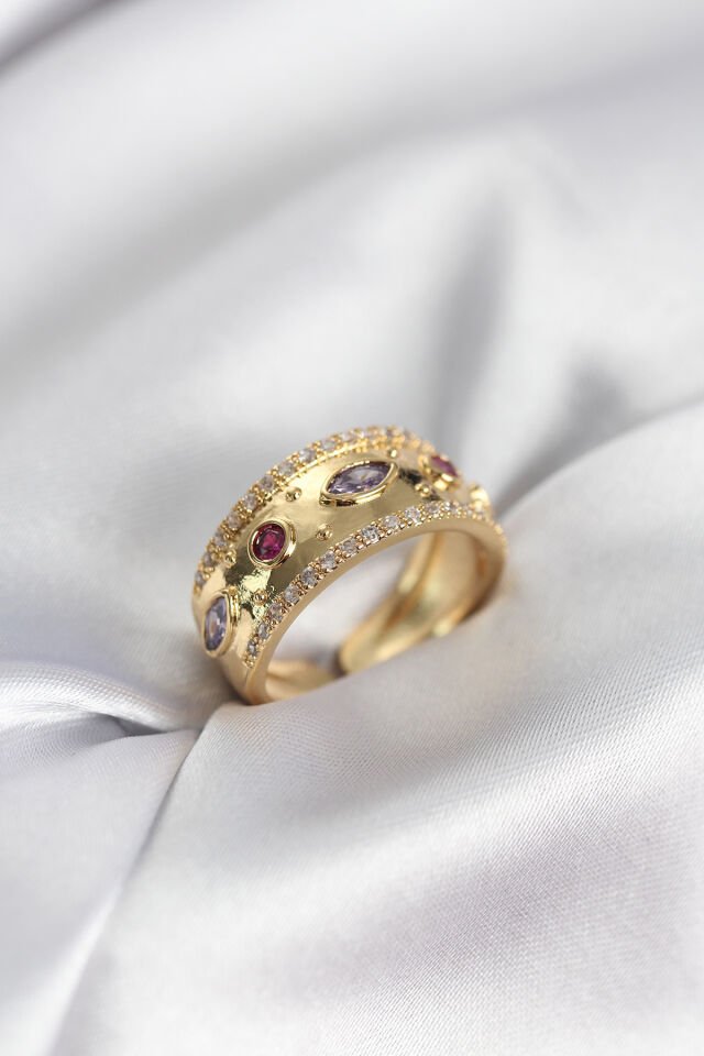 Gold Renk Zirkon Taşlı Vintage Kadın Yüzük - Lisinya