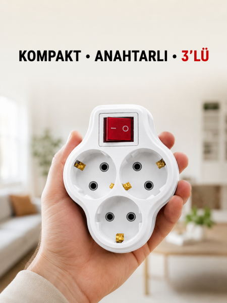 Anahtarlı 3’lü Priz Çoğaltıcı Kablosuz Duvar Tipi Topraklı Priz Çoklayıcı - Lisinya