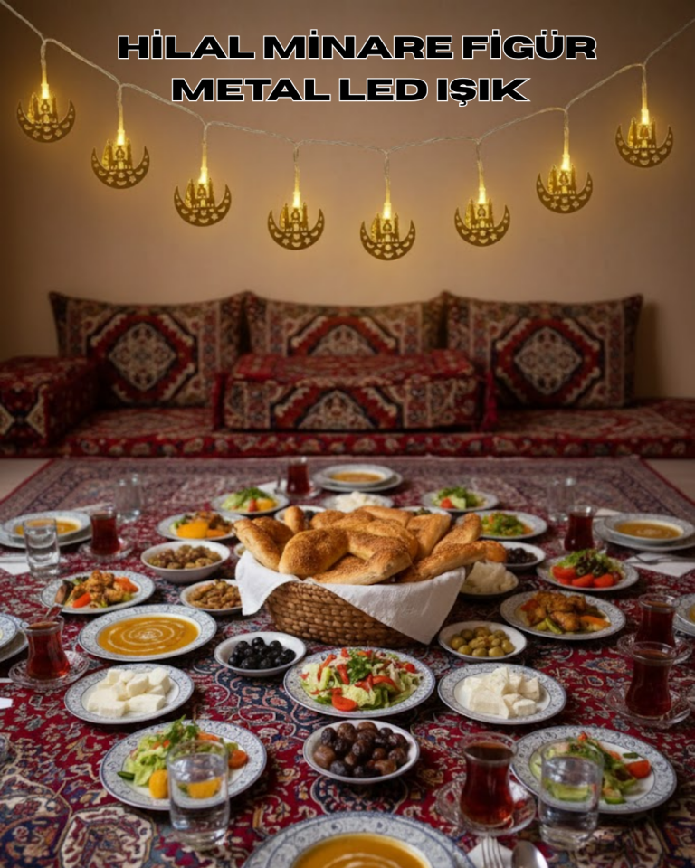 Pilli Minareli Hilal LED Işık Gold Metal Ramazan Dekorasyonu - Lisinya