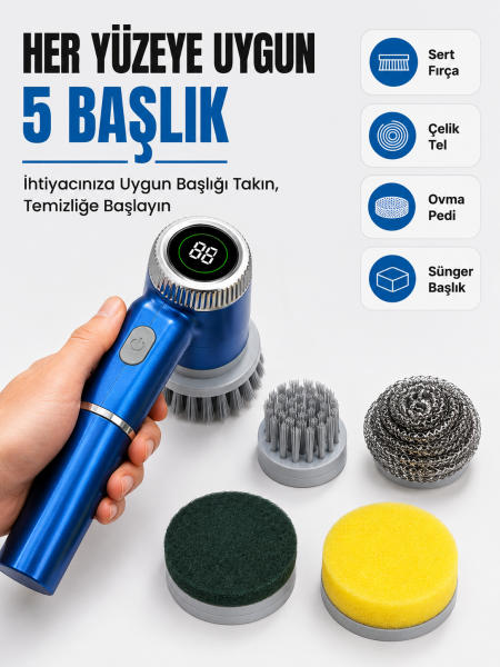 5'i 1 Arada Şarjlı Temizlik Fırçası ile Güçlü ve Pratik Temizlik - Lisinya