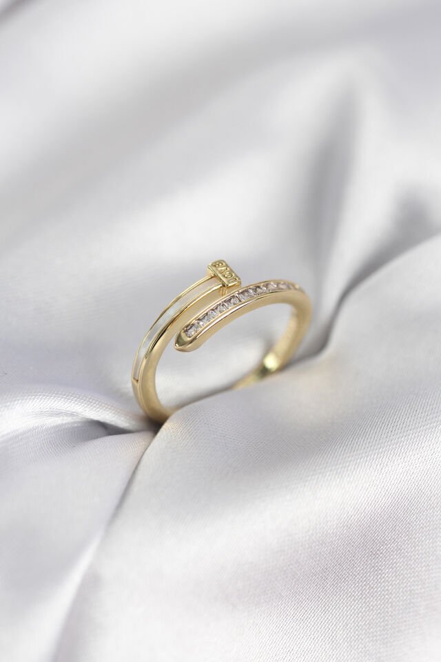 Zirkon Taşlı Gold Renk Yassı Çivi Model Kadın Yüzük - Lisinya