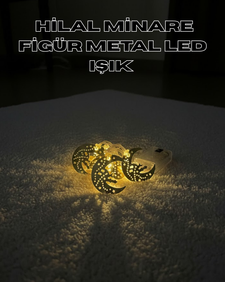 Gold Renk Metal Minareli Hilal LED Işık Pilli Ramazan Süsü - Lisinya