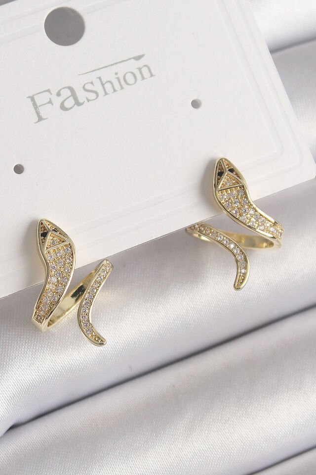 Pirinç Gold Renk Zirkon Taşlı Yılan Model Kadın Küpe - Lisinya