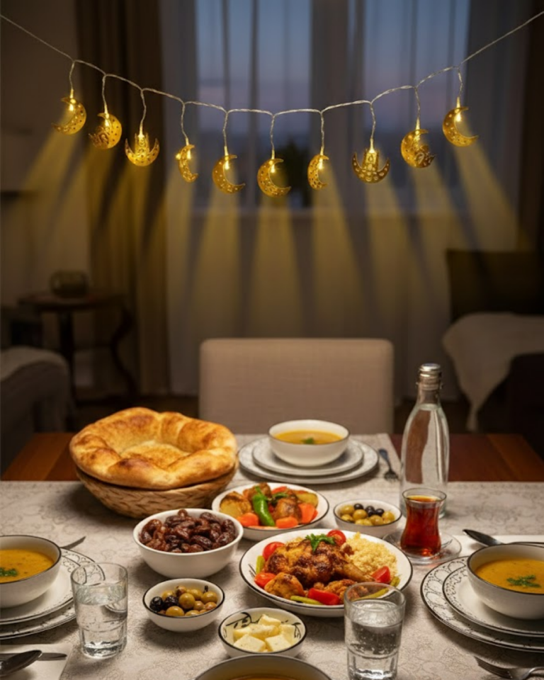 Ramazan Minare Detaylı Hilal LED Işık Günışığı Sarı Metal Süs - Lisinya