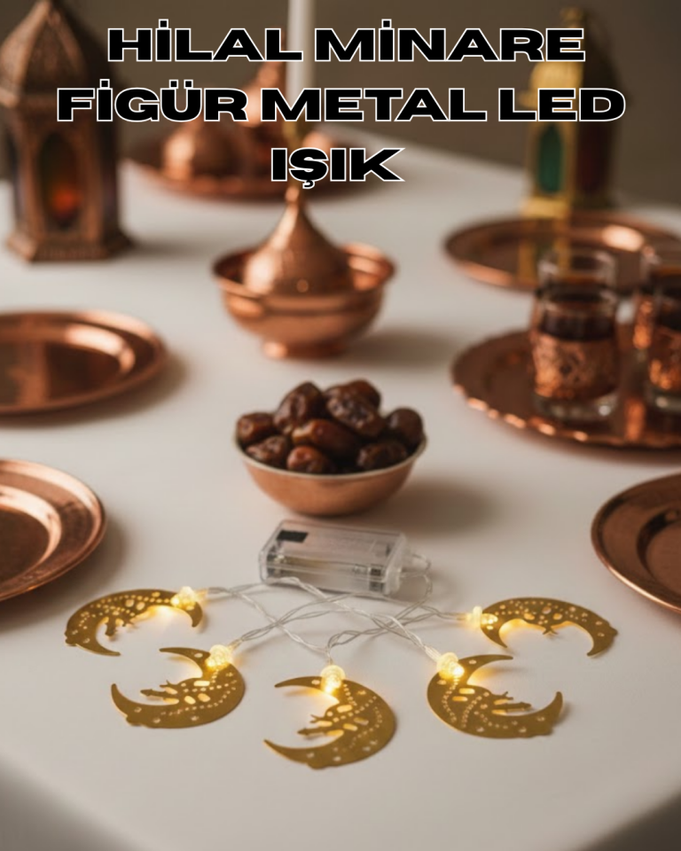 Minareli Hilal LED Işık Gold Metal Gövdeli Pilli Ramazan Dekoru - Lisinya