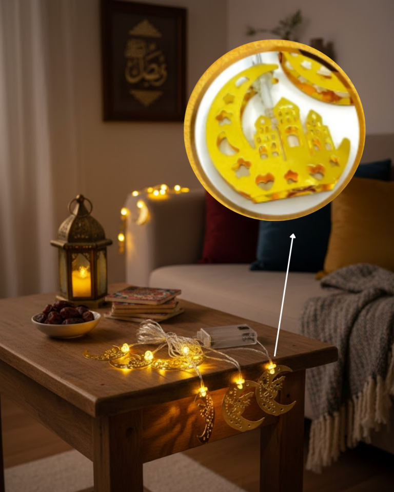 Minareli Hilal LED Işık Gold Metal Gövdeli Pilli Ramazan Dekoru - Lisinya