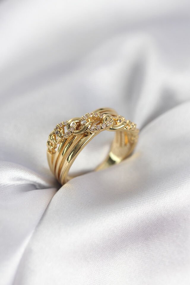 Gold Renk Zirkon Taşlı Zincir Model Kadın Yüzük - Lisinya