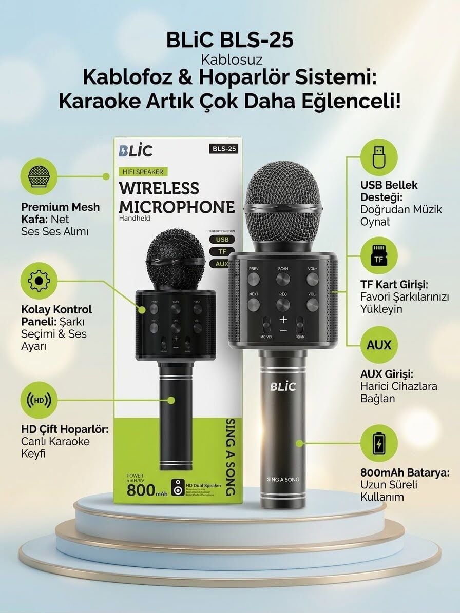 800mAh Bataryalı Taşınabilir Kablosuz Karaoke Hoparlörlü Mikrofon - Lisinya