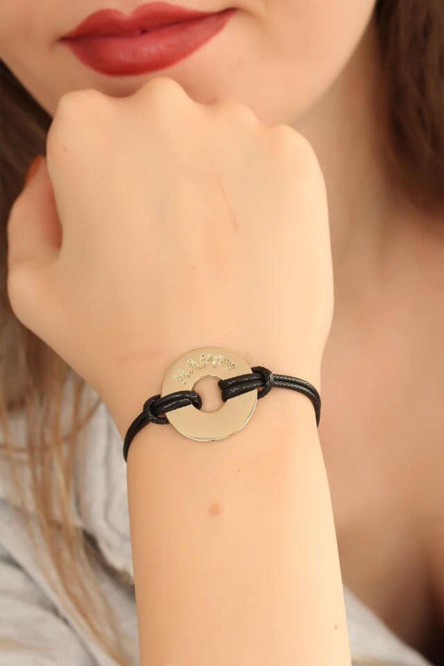 HAPPY (Mutlu) Siyah Deri İpli Unisex Mood Bileklik - Lisinya