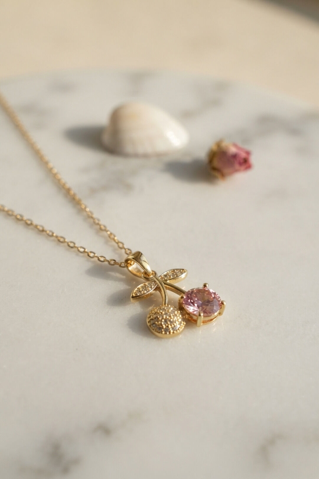316L Çelik Zincir Gold Renk Pembe Kiraz Model Kolye - Lisinya