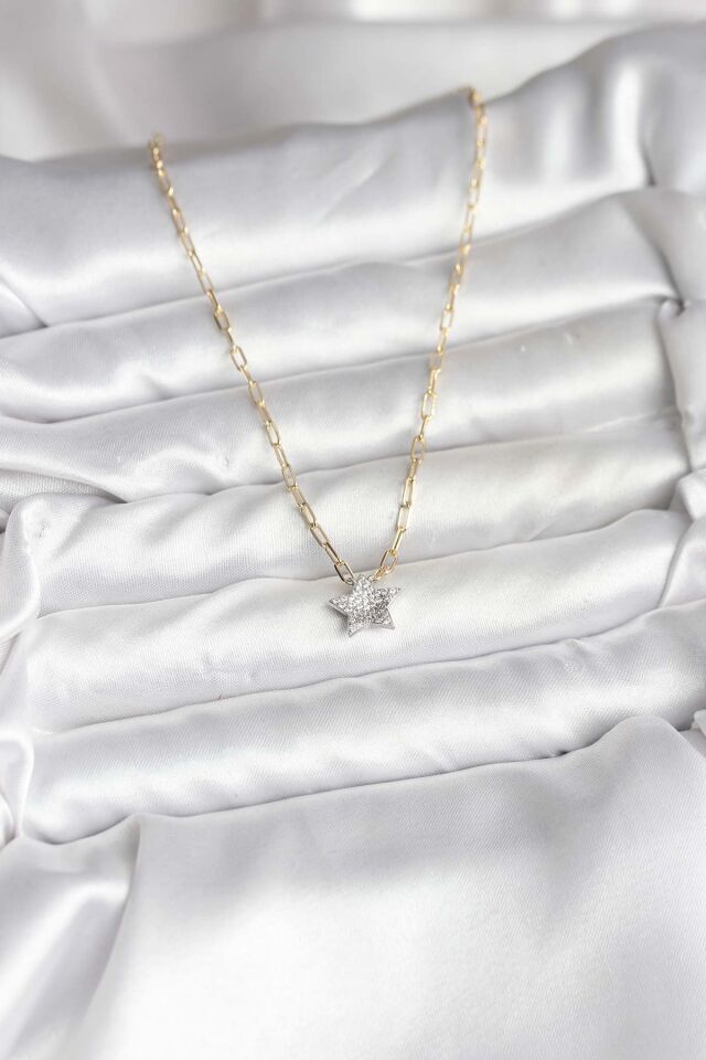 Pirinç Gold Renk Zincirli Zirkon Taşlı Minimal Yıldız Model Kadın Kolye - Lisinya