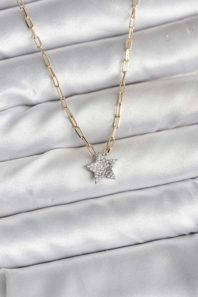 Pirinç Gold Renk Zincirli Zirkon Taşlı Minimal Yıldız Model Kadın Kolye - Lisinya