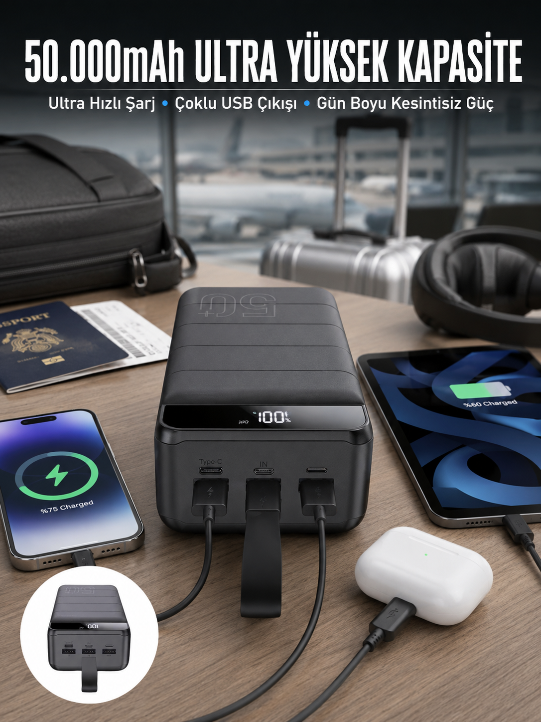 Powerbank Çoklu Şarj Girişi 50.000 Mah Taşınabilir Dijital Göstergeli (Kopya) - Lisinya