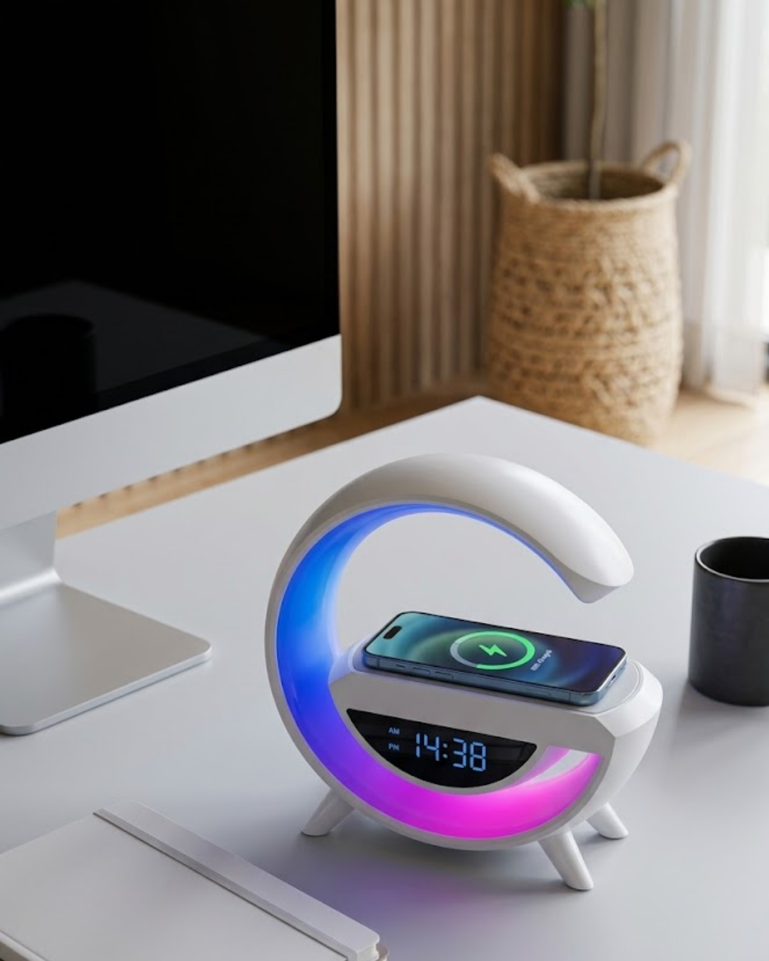 YamanHobi Bluetooth Hoparlör Kablosuz Şarjlı RGB Saatli Beyaz