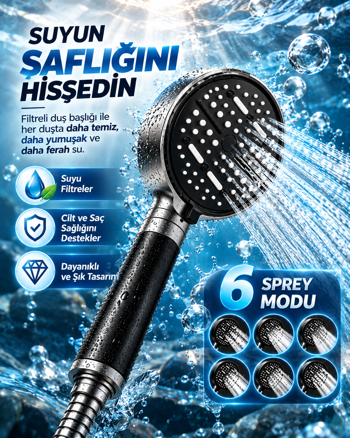 6 Sprey Modlu Filtreli Duş Başlığı Büyük Su Paneli Silikon Nozullu Modern Tasarım - Lisinya