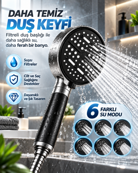 Çok Fonksiyonlu Filtreli Duş Başlığı 6 Farklı Sprey Modu Büyük Panel Siyah - Lisinya