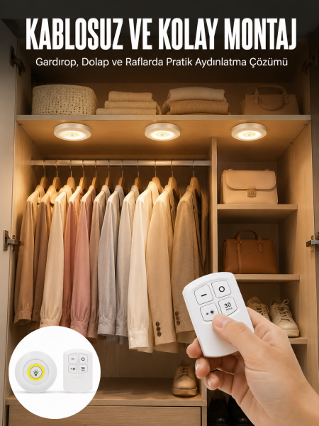 Led Lamba 3'lü Uzaktan Kumandalı Yapışkanlı Beyaz Işık - Lisinya