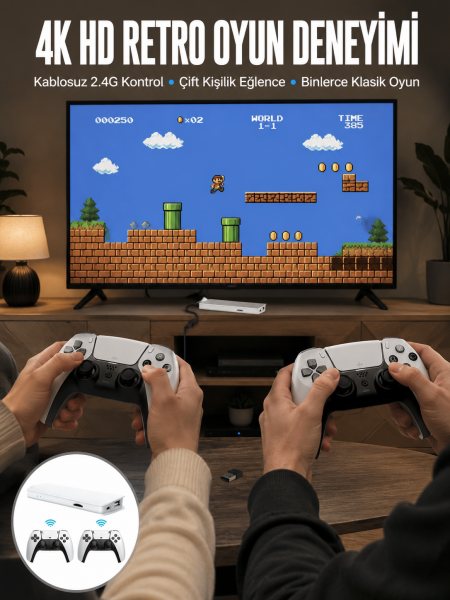 3D Çift Oyun Kollu 4K HD Ekran Nostaljik 20.000 Oyunlu Beyaz Game Box Yeni Nesil - Lisinya