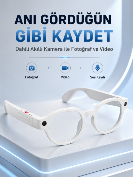 Beyaz Bluetooth Akıllı Gözlük Dahili Kameralı Fotoğraf Video Kayıt Yapay Zeka Çeviri Dokunmatik Kontrol Özellikli - Lisinya