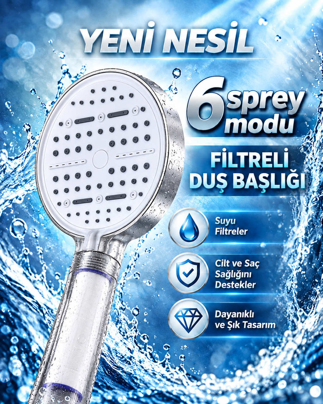 Büyük Panelli 6 Farklı Su Modlu Filtreli Duş Başlığı Beyaz Tasarım - Lisinya