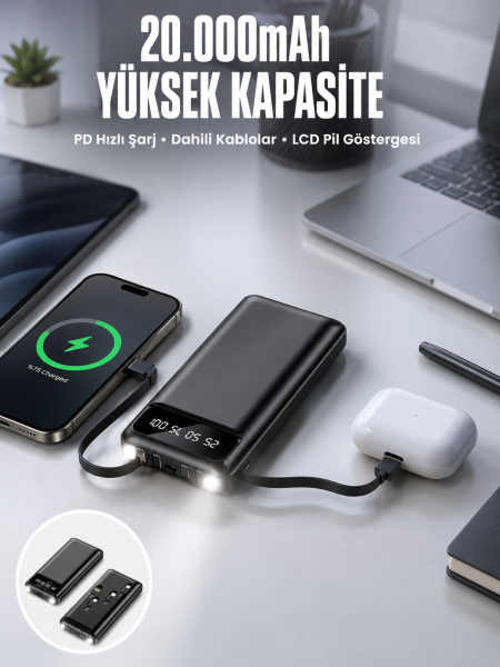 Powerbank 20.000 Mah Dijital Göstergeli LCD Ekran Uzun Pil Ömrü Yeni Nesil - Lisinya