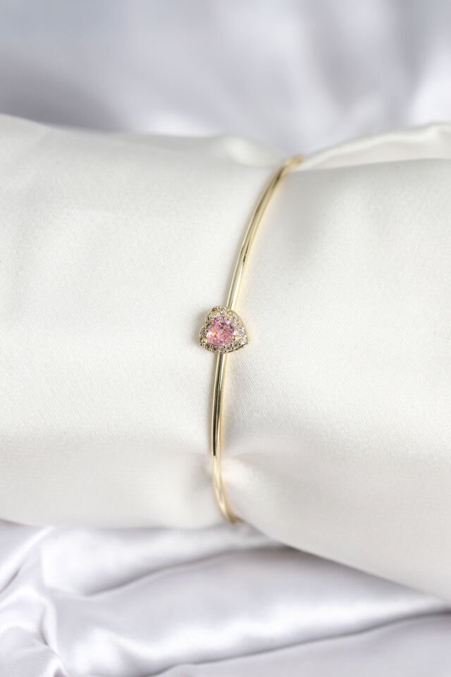 Pembe Zirkon Taşlı Kalp Model Gold Renk Kadın Bileklik - Lisinya