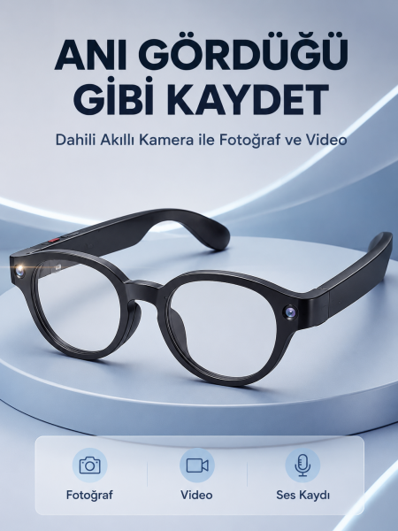 Siyah Bluetooth Akıllı Gözlük Dahili Kameralı Fotoğraf Video Kayıt AI Çeviri Dokunmatik Kontrol Özellikli - Lisinya