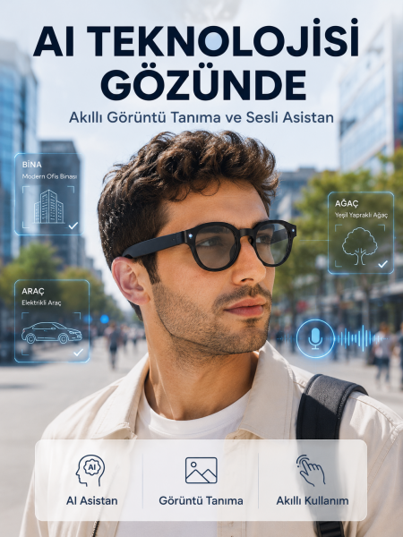 Siyah 3 Lensli Akıllı Kamera Gözlüğü Bluetooth Görüşme Müzik Kontrolü AI Sesli Asistan ve Görüntü Tanıma - Lisinya