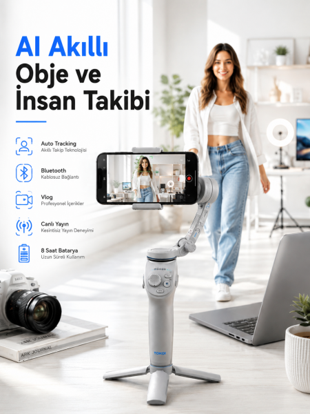 Yapay Zeka Takipli Telefon Gimbali Katlanabilir Tripod Bluetooth Kontrollü Dahili LED Işıklı - Lisinya