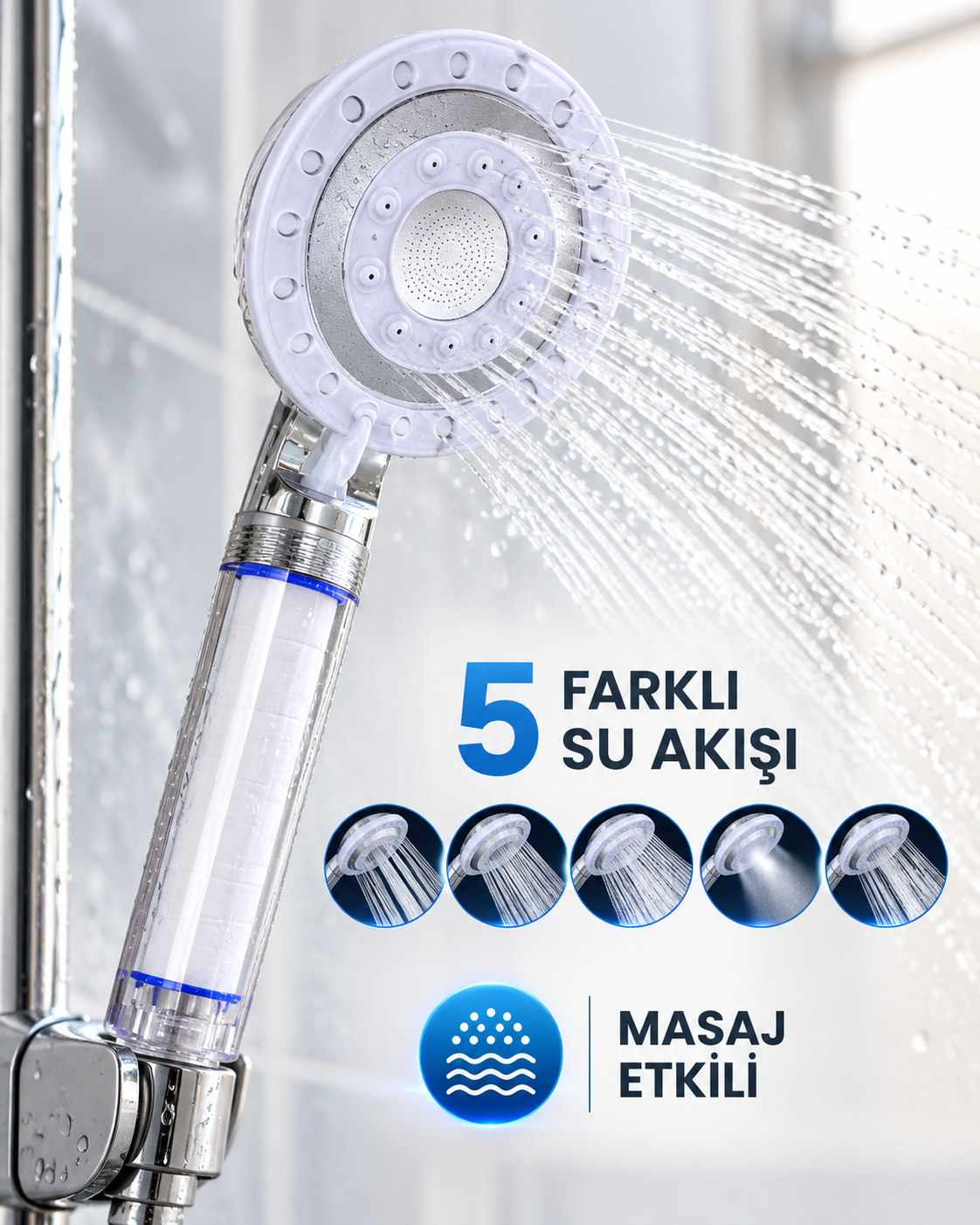 Masaj Etkili Filtreli Duş Başlığı 5 Fonksiyonlu Yağmur Sis Geniş Karışık Su Akışı - Lisinya