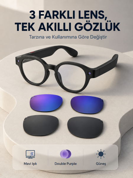 Siyah Akıllı Kamera Gözlüğü Fotoğraf Video Çekimli Yapay Zeka Destekli Bluetooth Çoklu Dil Çeviri 3 Lensli - Lisinya