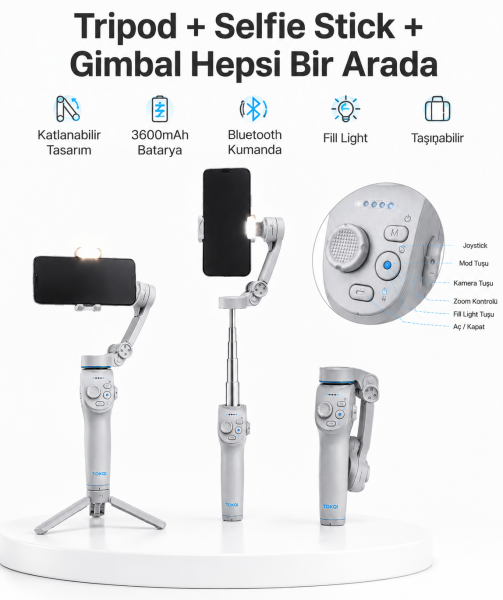 3 Eksen Telefon Gimbal Stabilizer Yapay Zeka Takipli Katlanabilir Dahili Dolgu Işıklı Video Sabitleyici - Lisinya