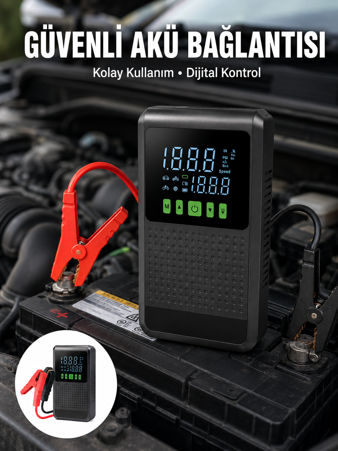 12.000 mAh Şarjlı Araç Akü Takviye ve Işıklı Hava Kompresörü Yeni Nesil - Lisinya