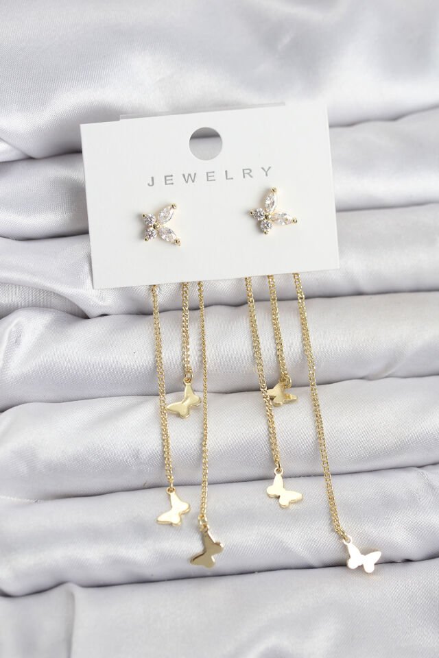 Kelebek Model Gold Renk Pirinç Sallantılı Kadın Küpe - Lisinya