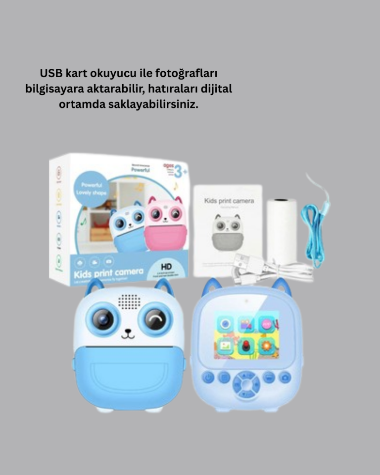 YamanHobi 48MP Anında Baskılı Çocuk Kamerası Çift Lensli 1080P Mavi