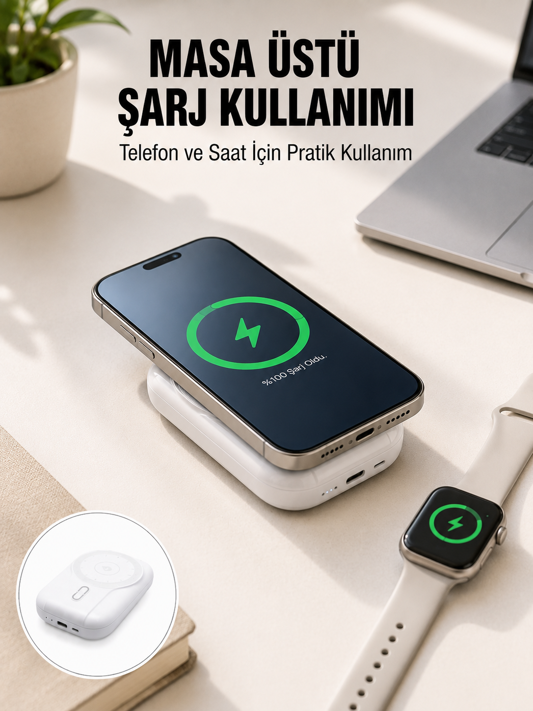 Akıllı Saat ve Telefon Uyumlu 4’ü 1 Arada Powerbank 10000 mAh Yeni Nesil - Lisinya