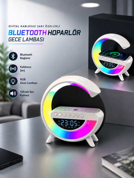 Bluetooth Hoparlör 15W Kablosuz Hızlı Şarj LED Gece Lambası - Lisinya
